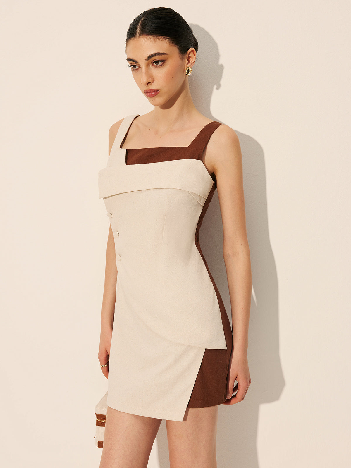 Robe Courte Sans Manches en Lin et Coton à Col Carré