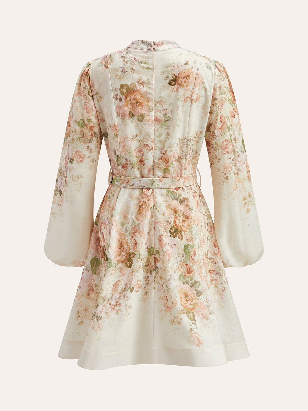 Geblümtes Leinen-Baumwoll-Kleid mit Puffärmeln und Gürtel