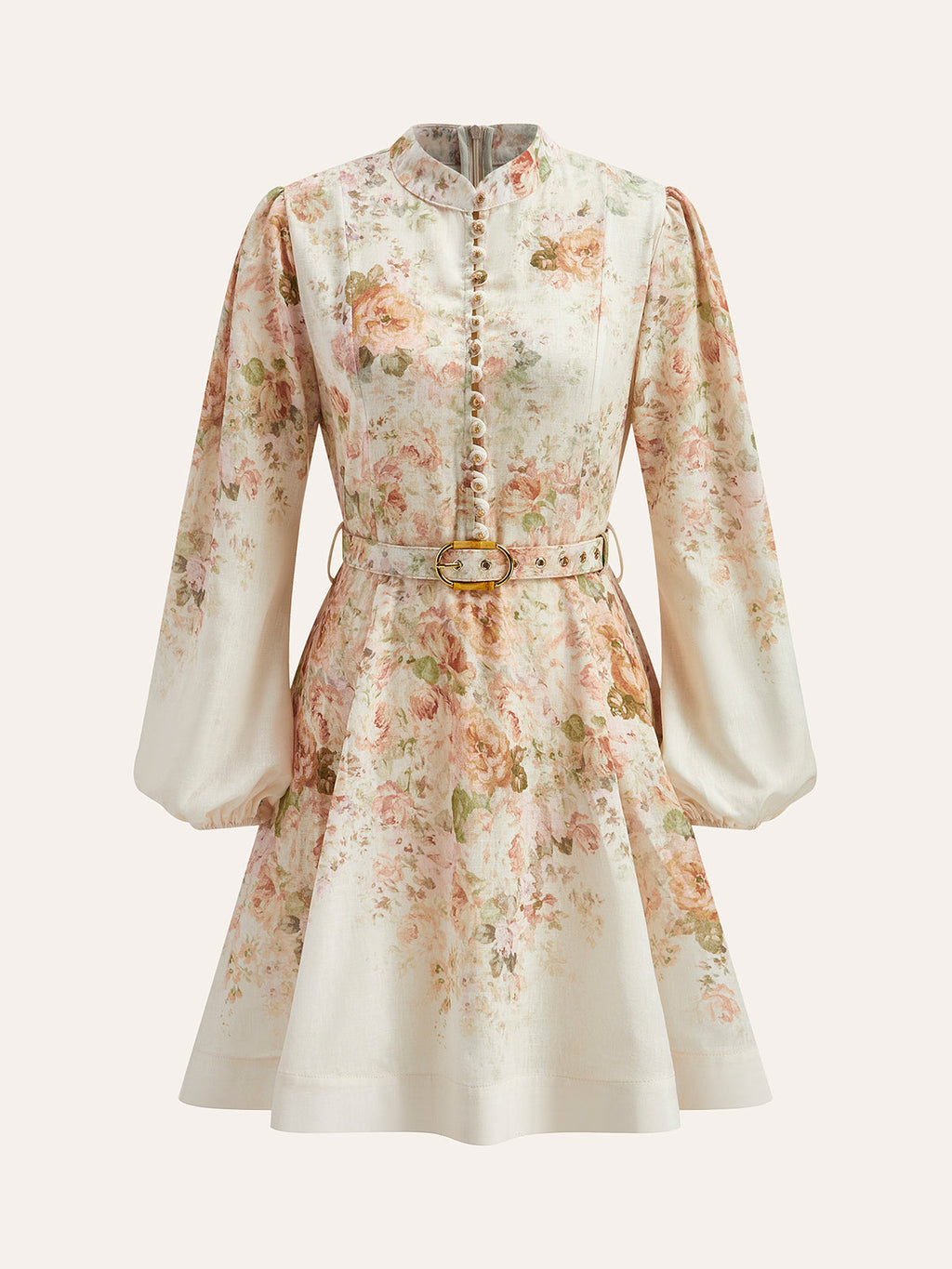 Geblümtes Leinen-Baumwoll-Kleid mit Puffärmeln und Gürtel