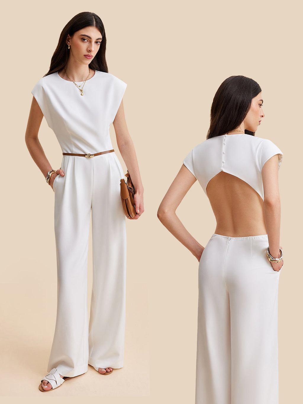 Cap Sleeve Buttoned Backless Jumpsuit