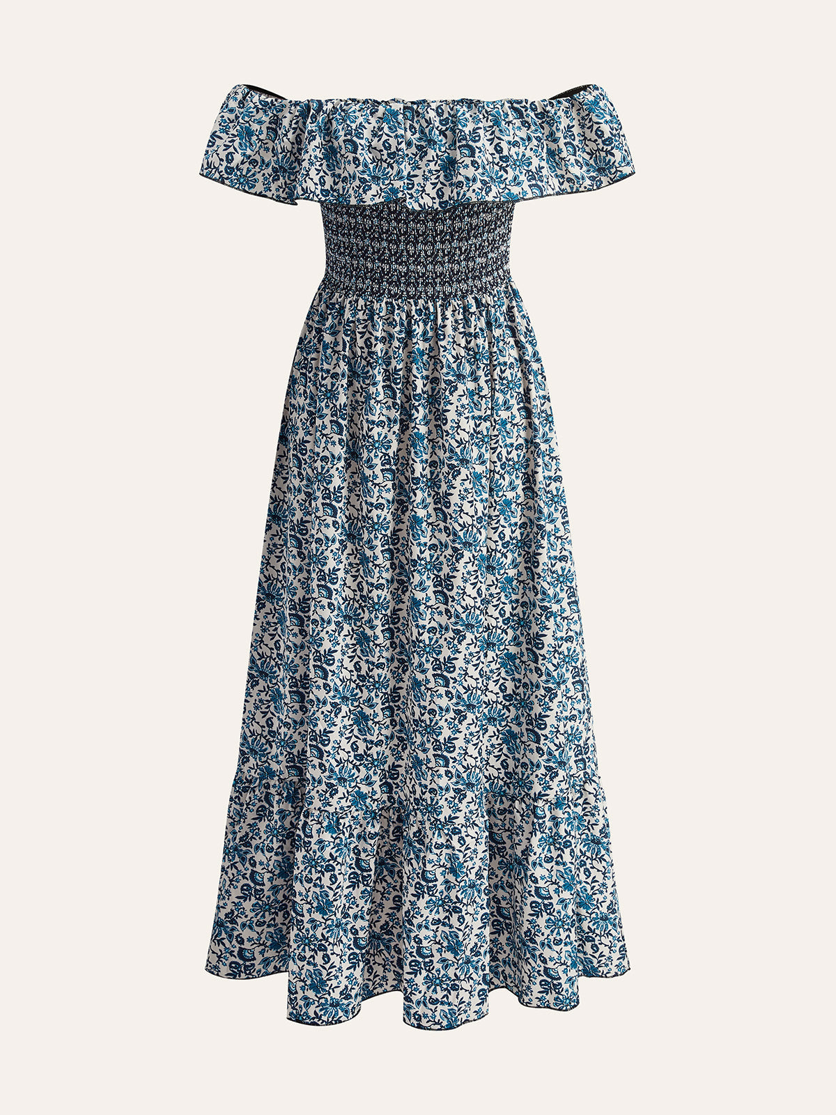 Boho-Kleid mit gerafften Schultern, Rüschen und Blumenmuster 