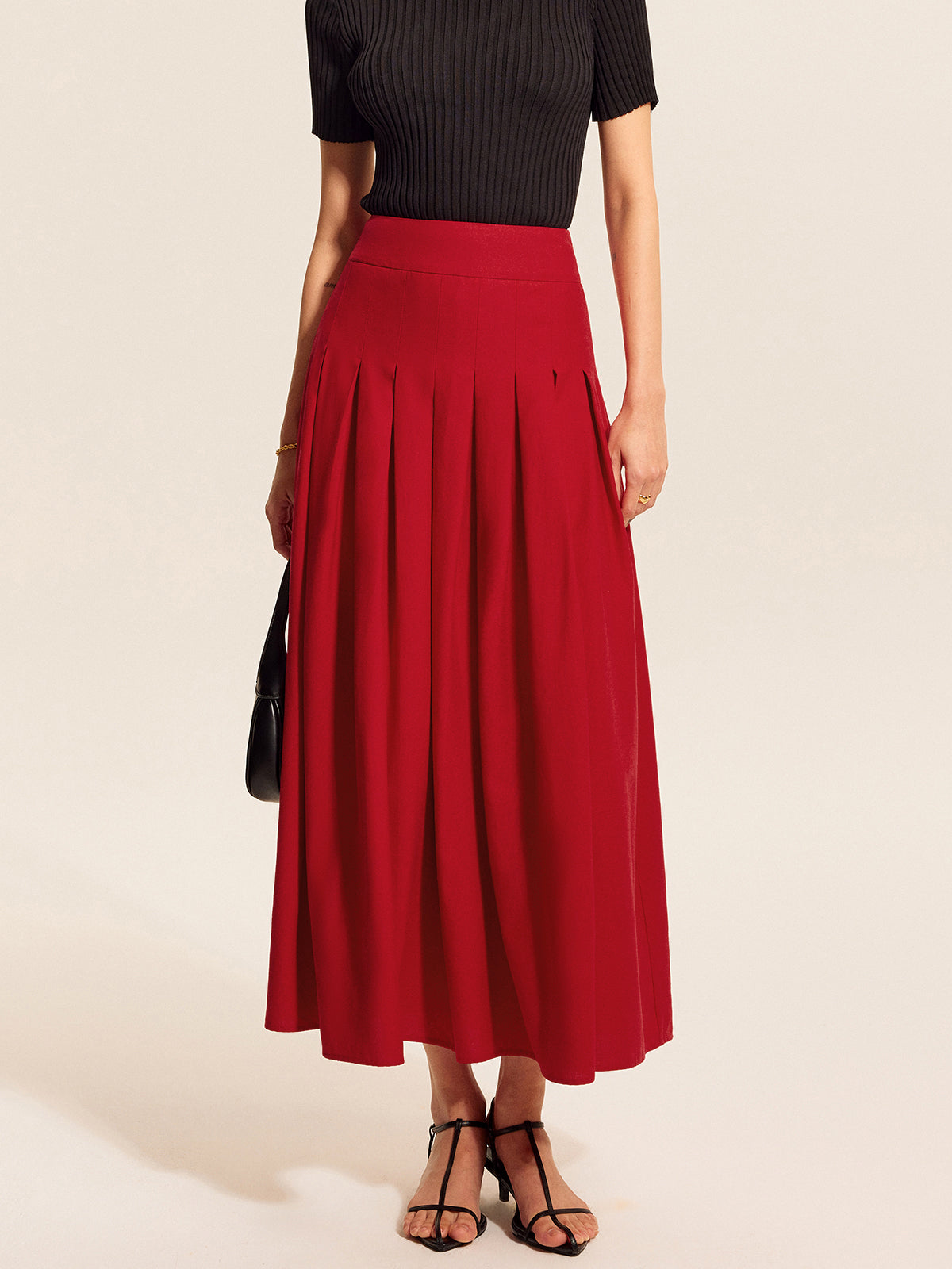 Cotton & Linen Pleated Slit Skirt