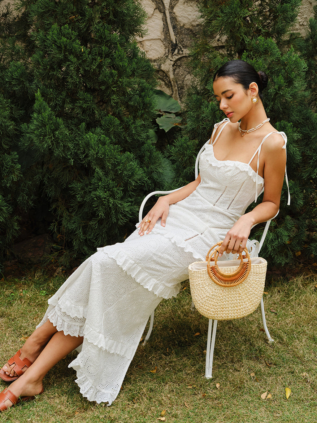 Lace-Up Tie Strap Ruffled Slit Dress