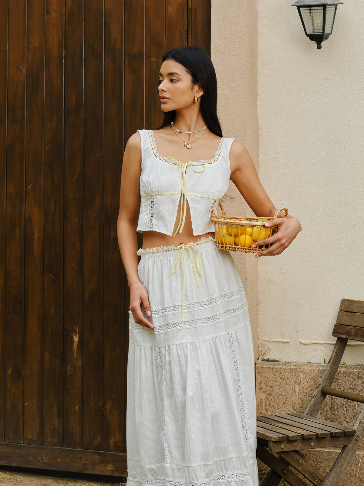 Lace Trim Tie-Front Crop Top With Skirt Set