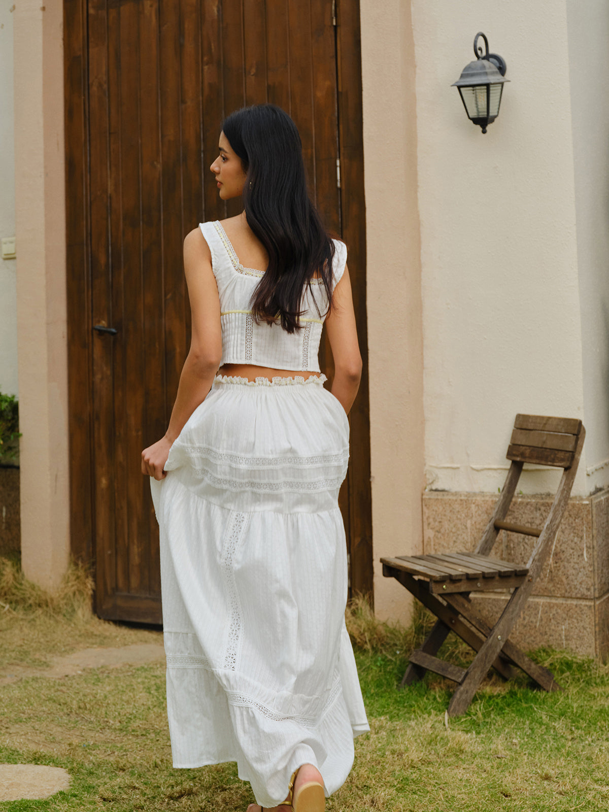 Lace Trim Tie-Front Crop Top With Skirt Set