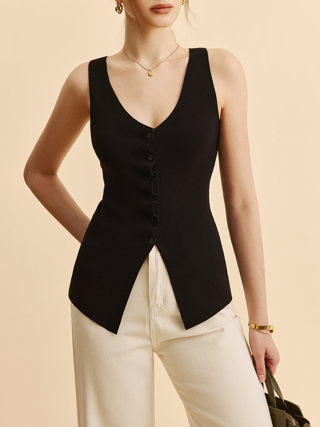 Gilet pull fendu à bords volantés Laitue