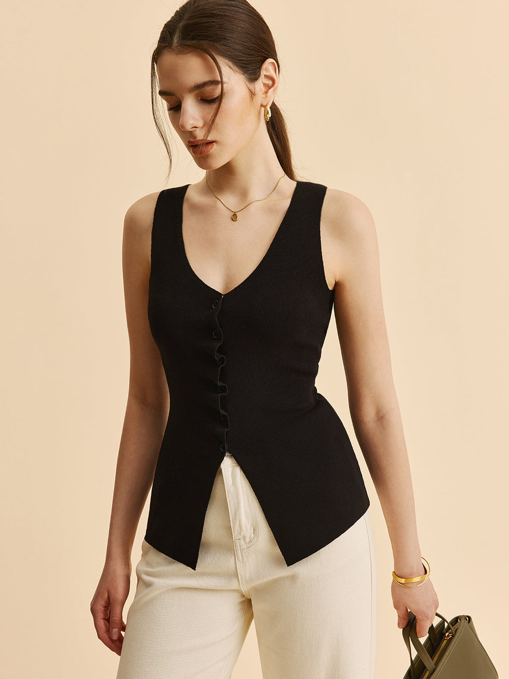 Gilet pull fendu à bords volantés Laitue