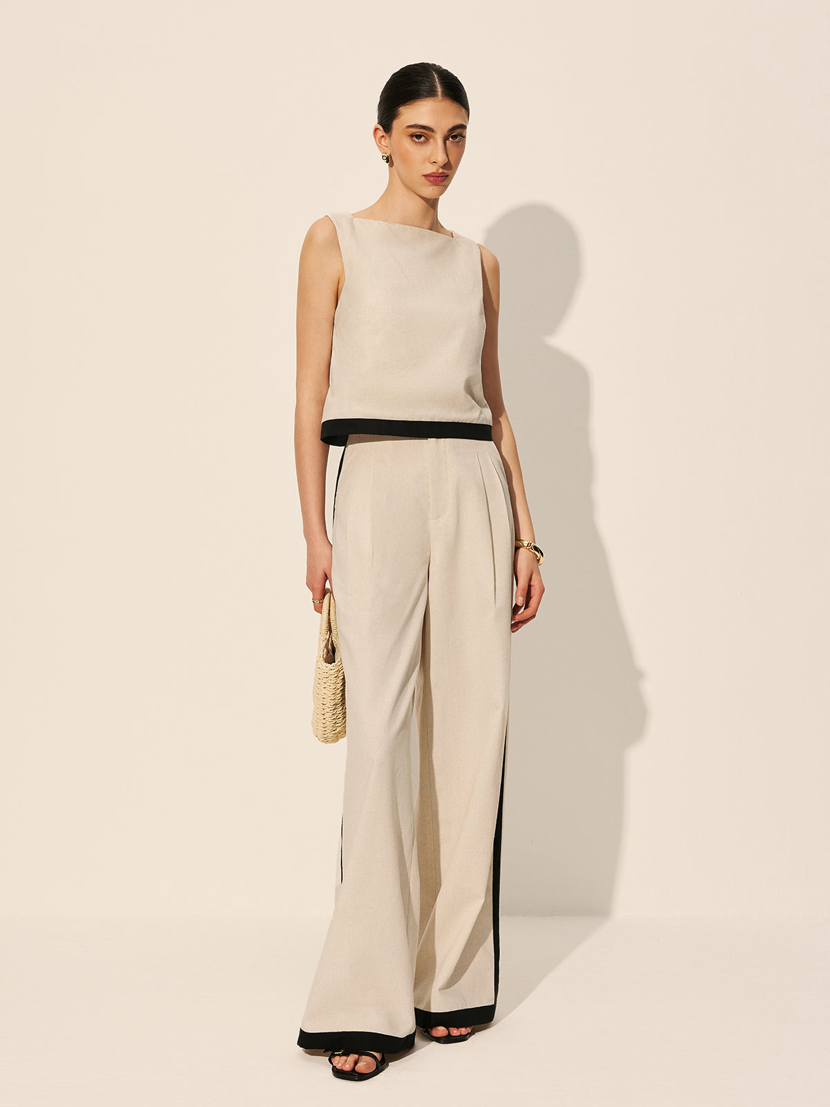 Ensemble pantalon en lin et coton zippé avec liseré contrastant