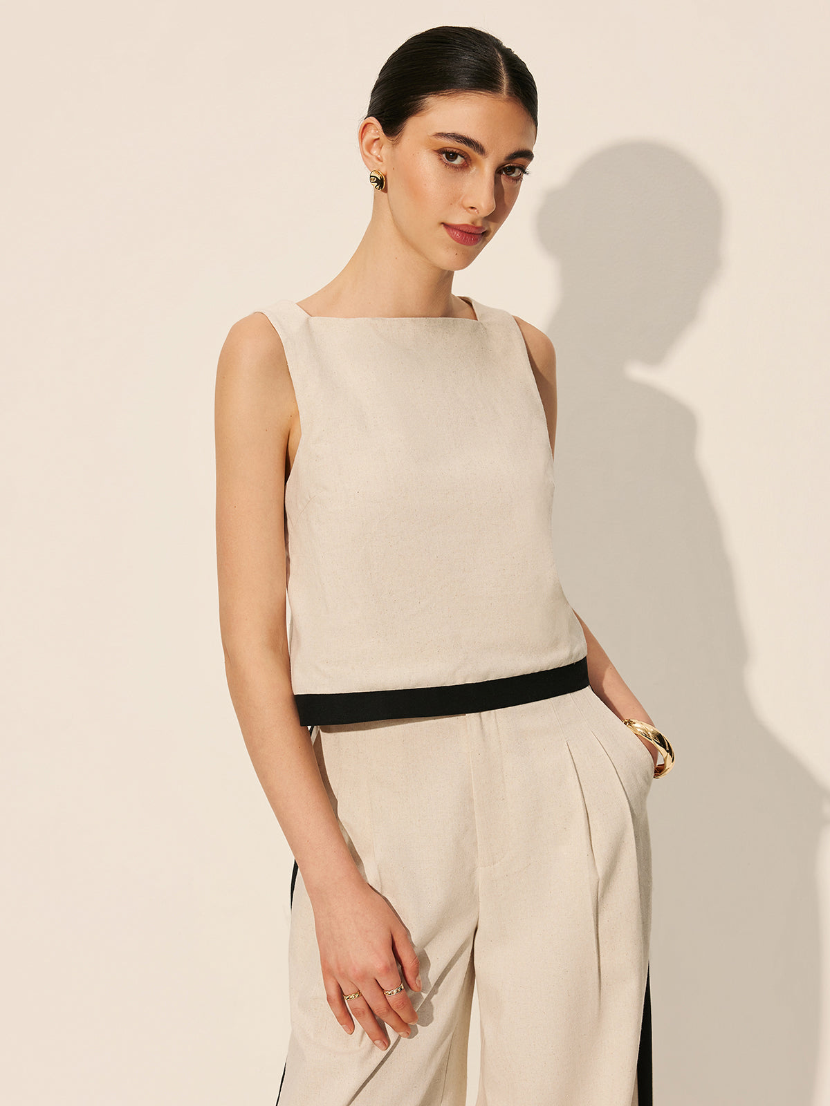 Ensemble pantalon en lin et coton zippé avec liseré contrastant