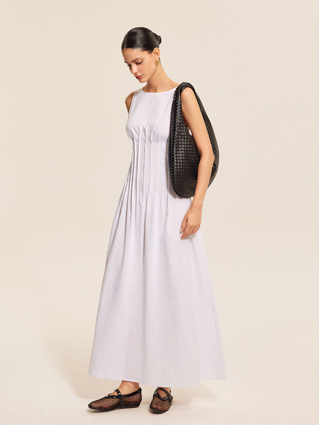 Robe plissée sans manches en coton et lin