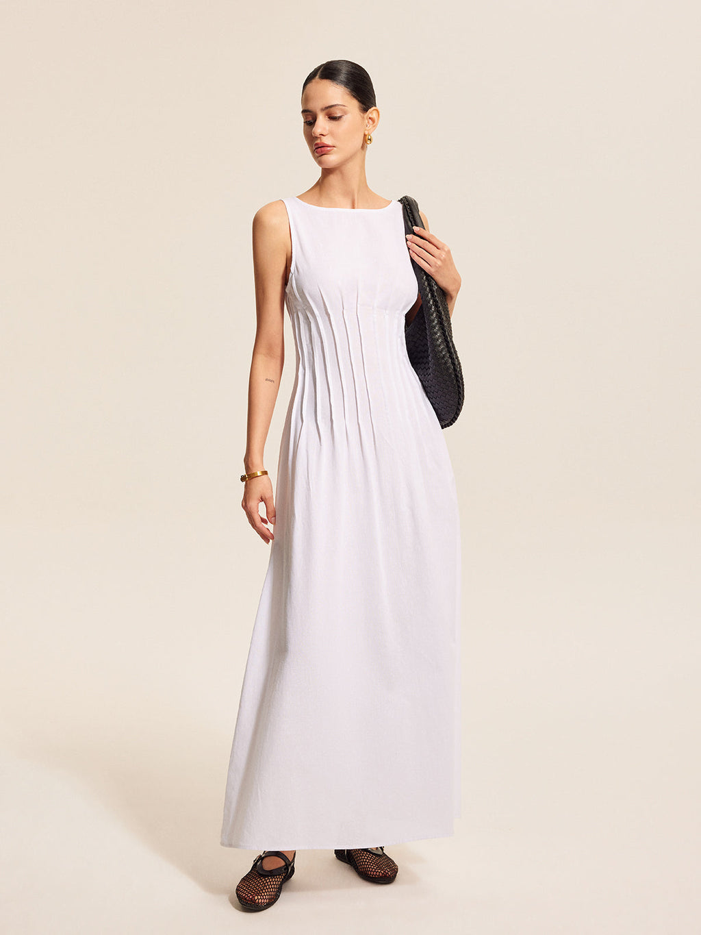 Robe plissée sans manches en coton et lin
