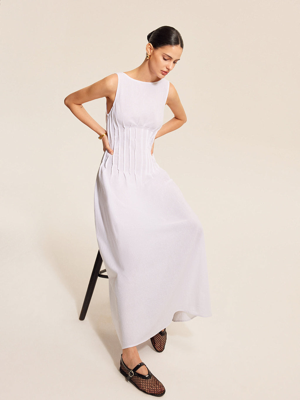 Robe plissée sans manches en coton et lin