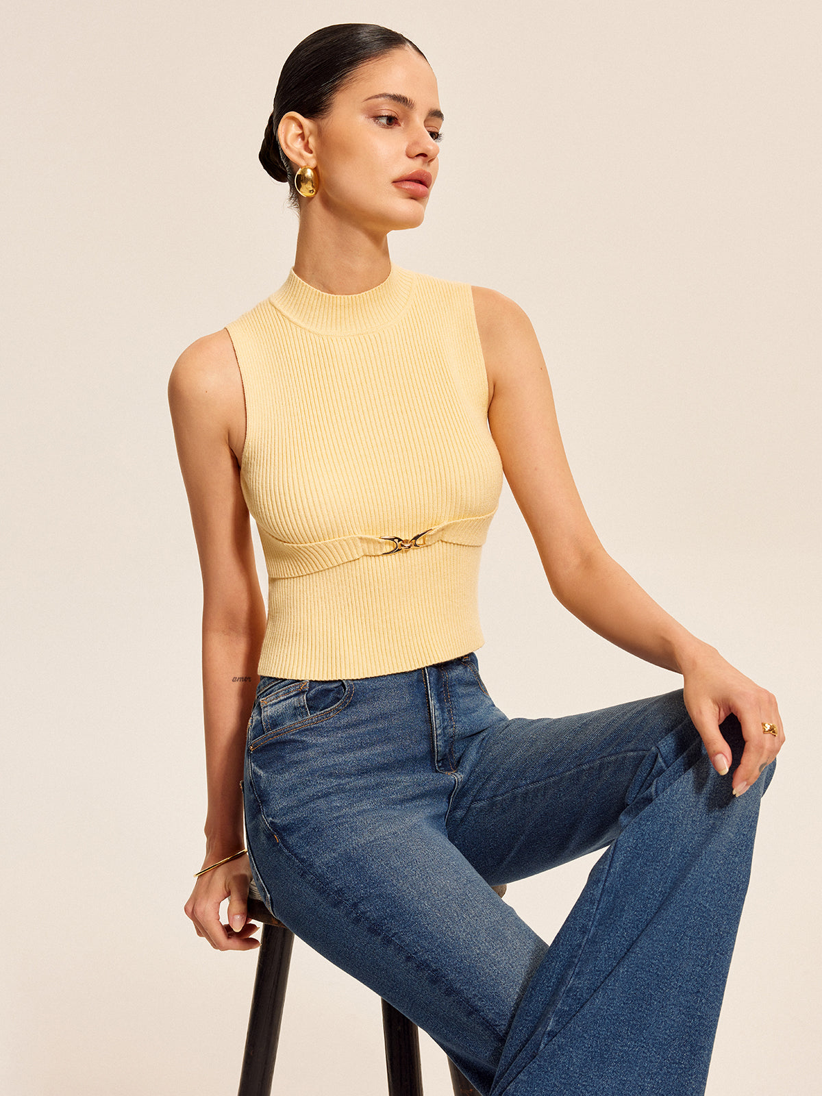 Ribbed Mock-Neck Top With Waist Chain Detail