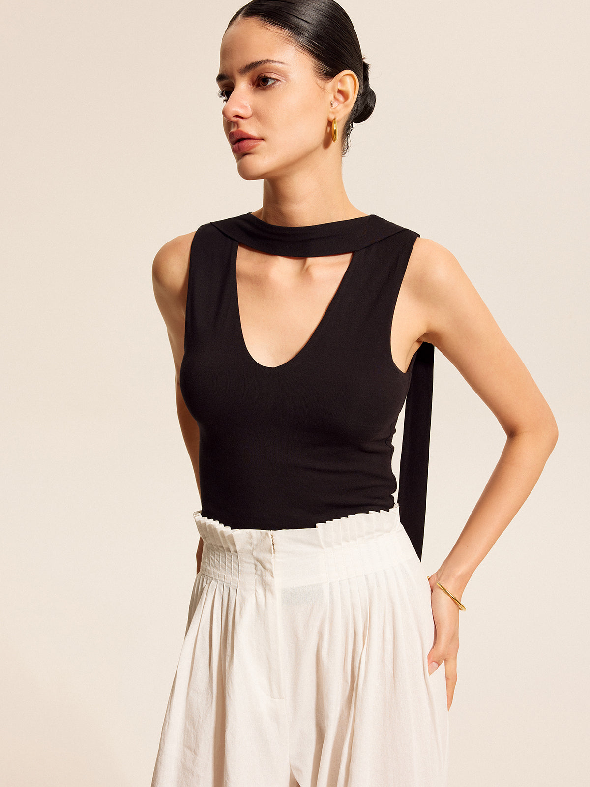 V-Neck Top With Scarf-Style Neck Tie