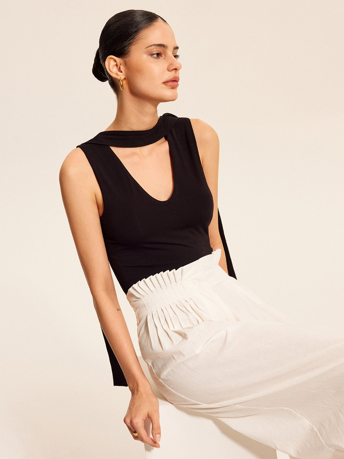 V-Neck Top With Scarf-Style Neck Tie