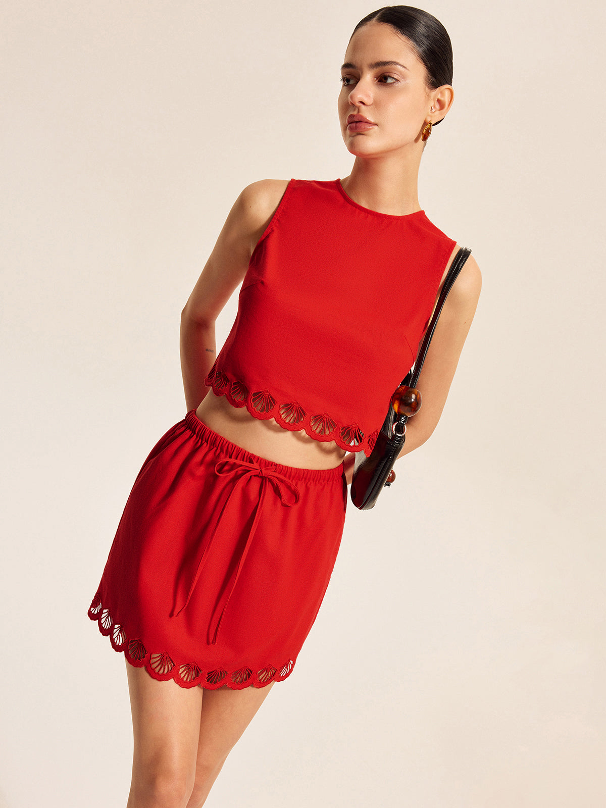 Ensemble jupe en coton et lin à bordure festonnée 