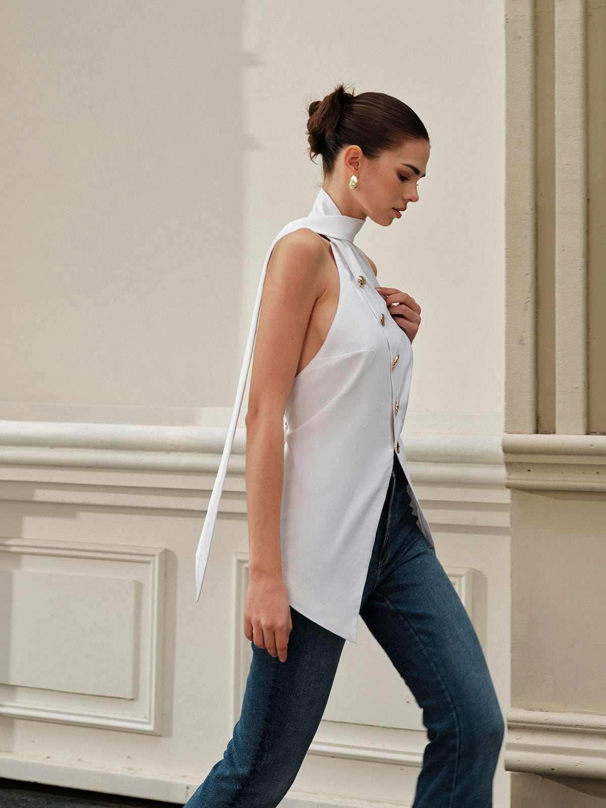 Halter Asymmetrical Metal Button Top