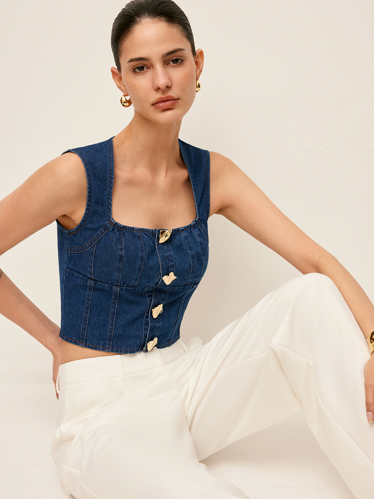 Cotton Square Neck Button Detail Denim Top