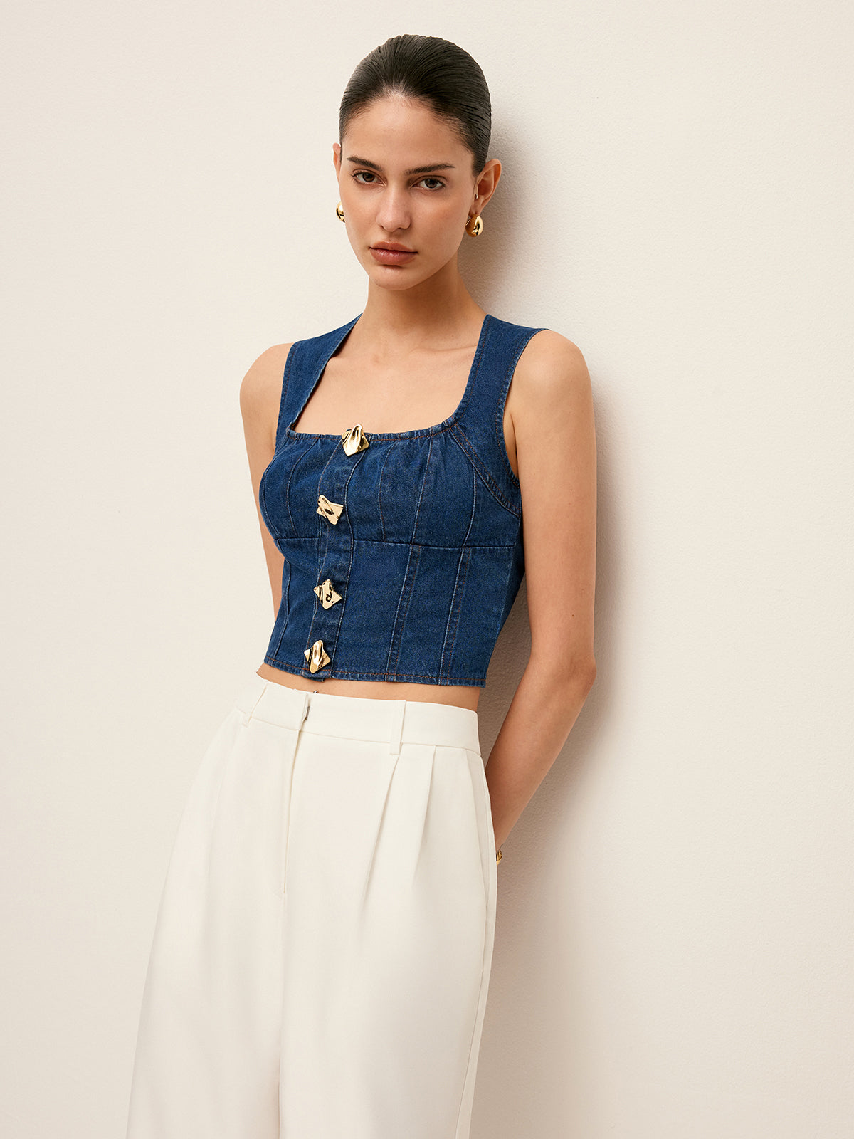 Cotton Square Neck Button Detail Denim Top