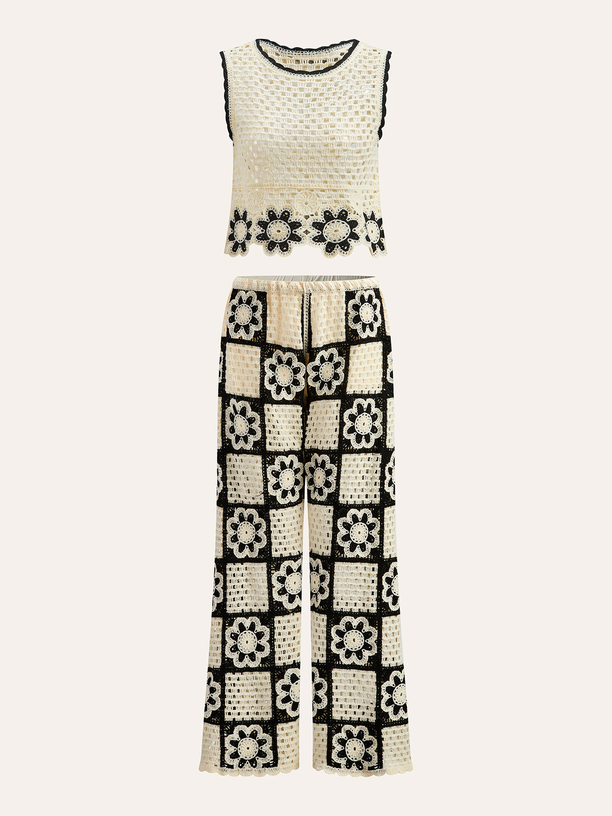 Crochet Floral Top With Pant Set