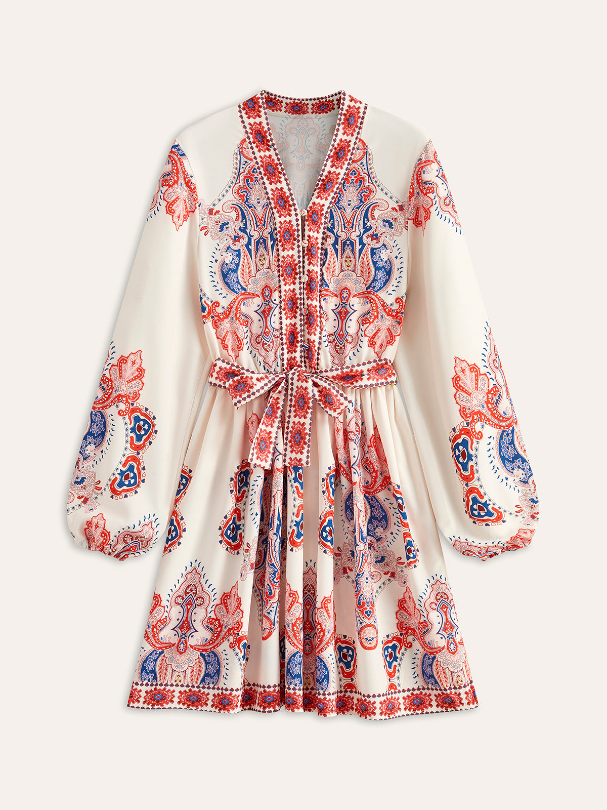 Geblümtes Kleid mit Gürtel und Knöpfen