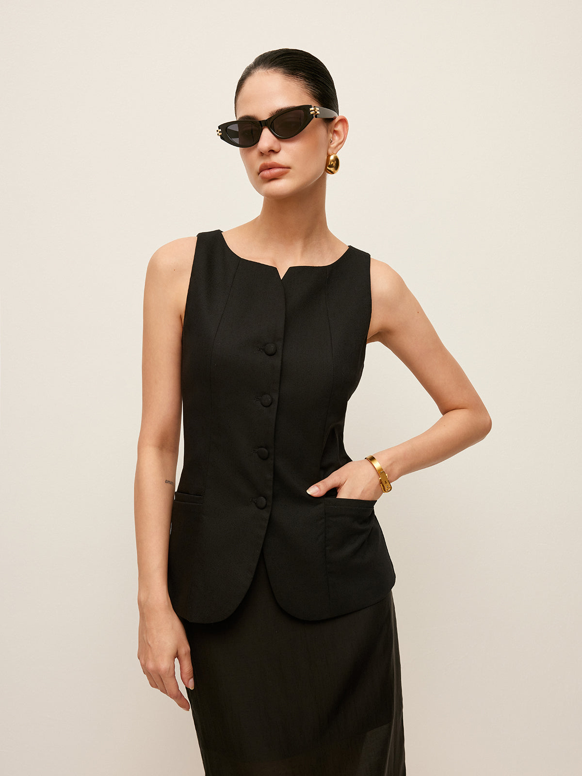 Cotton & Linen Button-Front Vest Without Belt