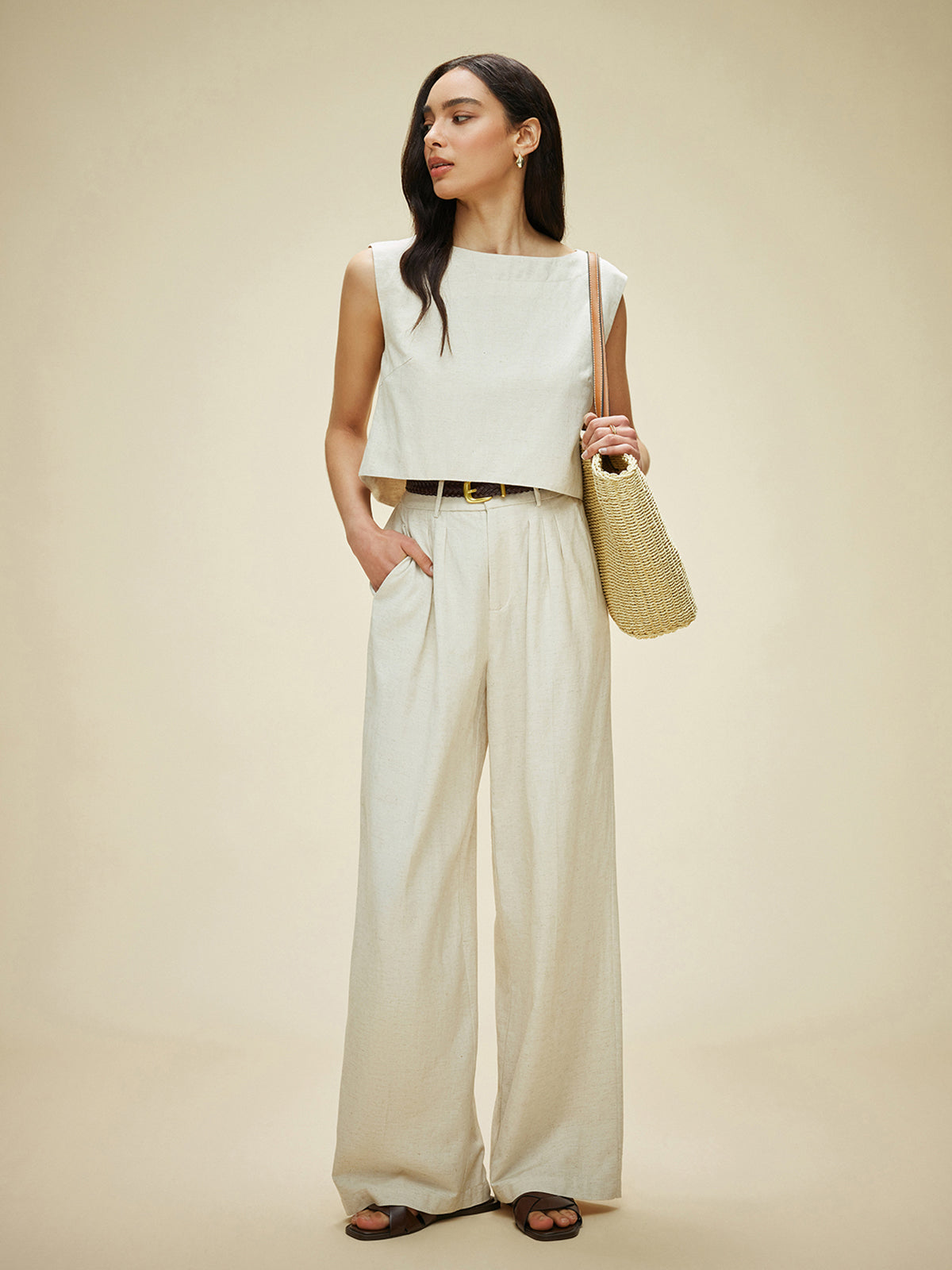Cotton & Linen Sleeveless Pockets Pants Set Without Belt