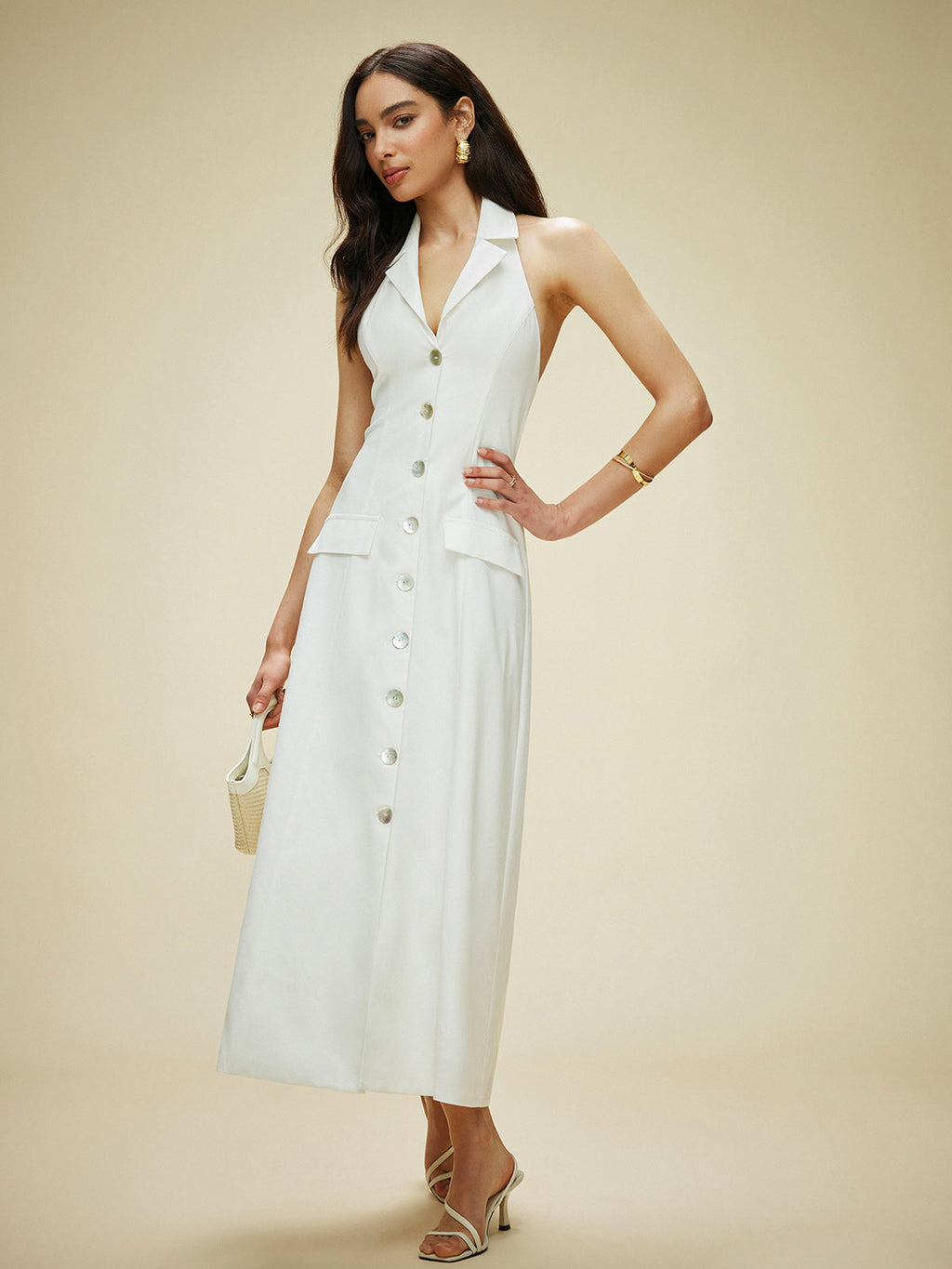 Baumwoll-Leinen-Kleid mit Neckholder, Taschen und Bindeband am Rücken