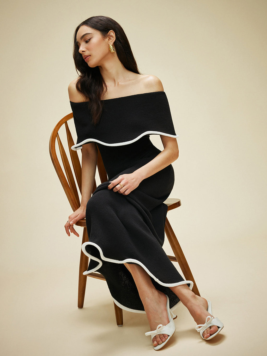 Farbblock Off-Shoulder Strickkleid mit Rüschen