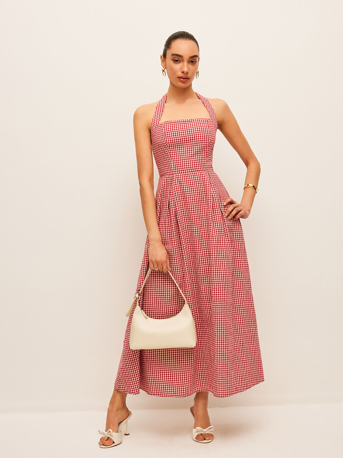 Robe dos nu à carreaux en coton et lin