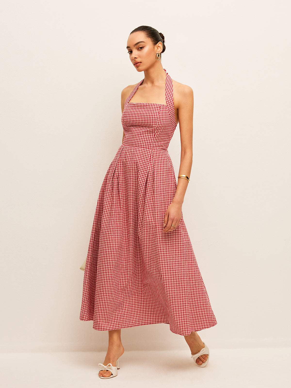 Robe dos nu à carreaux en coton et lin