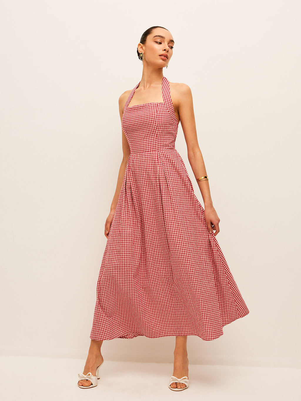 Baumwoll-Leinen-Neckholderkleid mit Karomuster