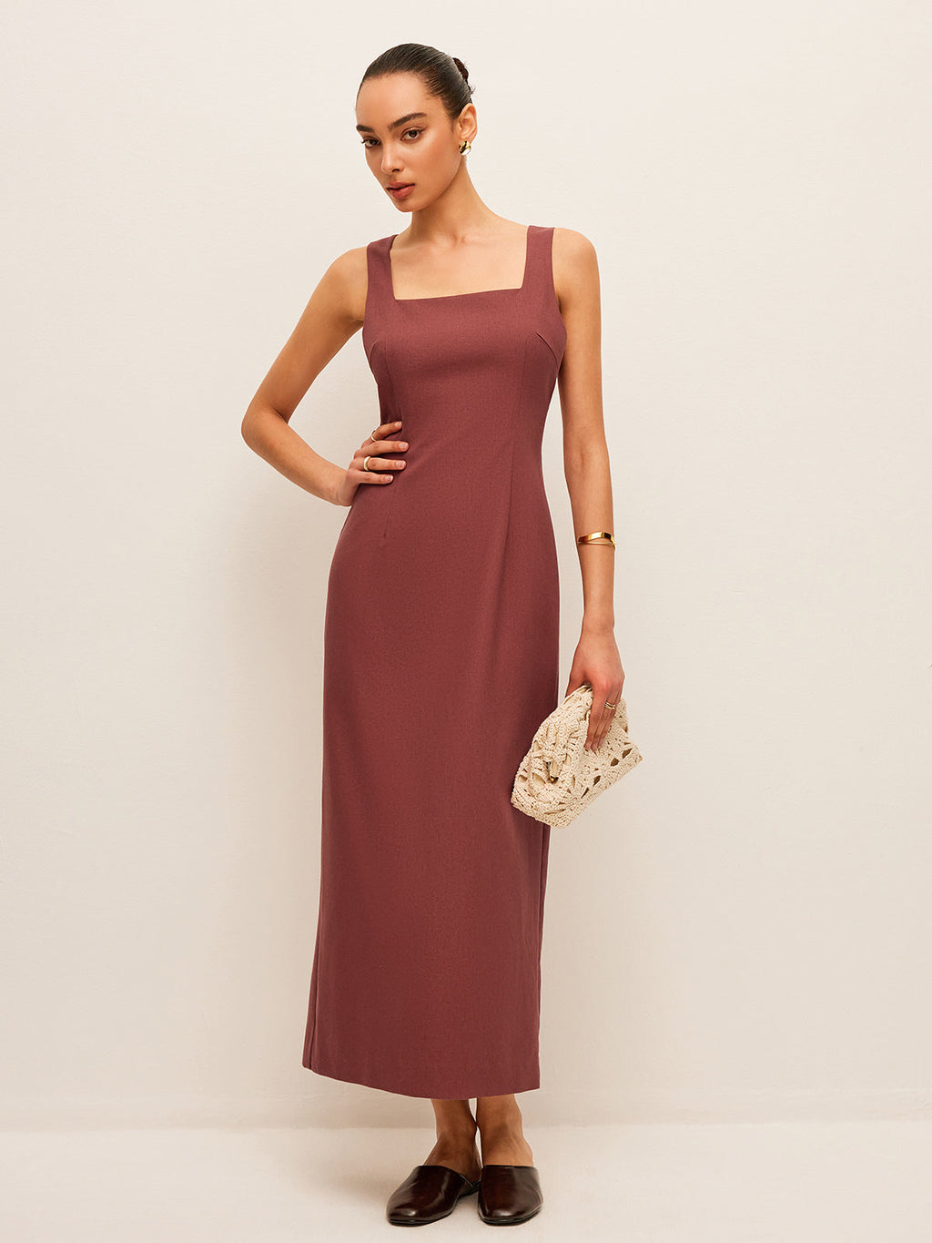 Robe fendue au dos en coton et lin