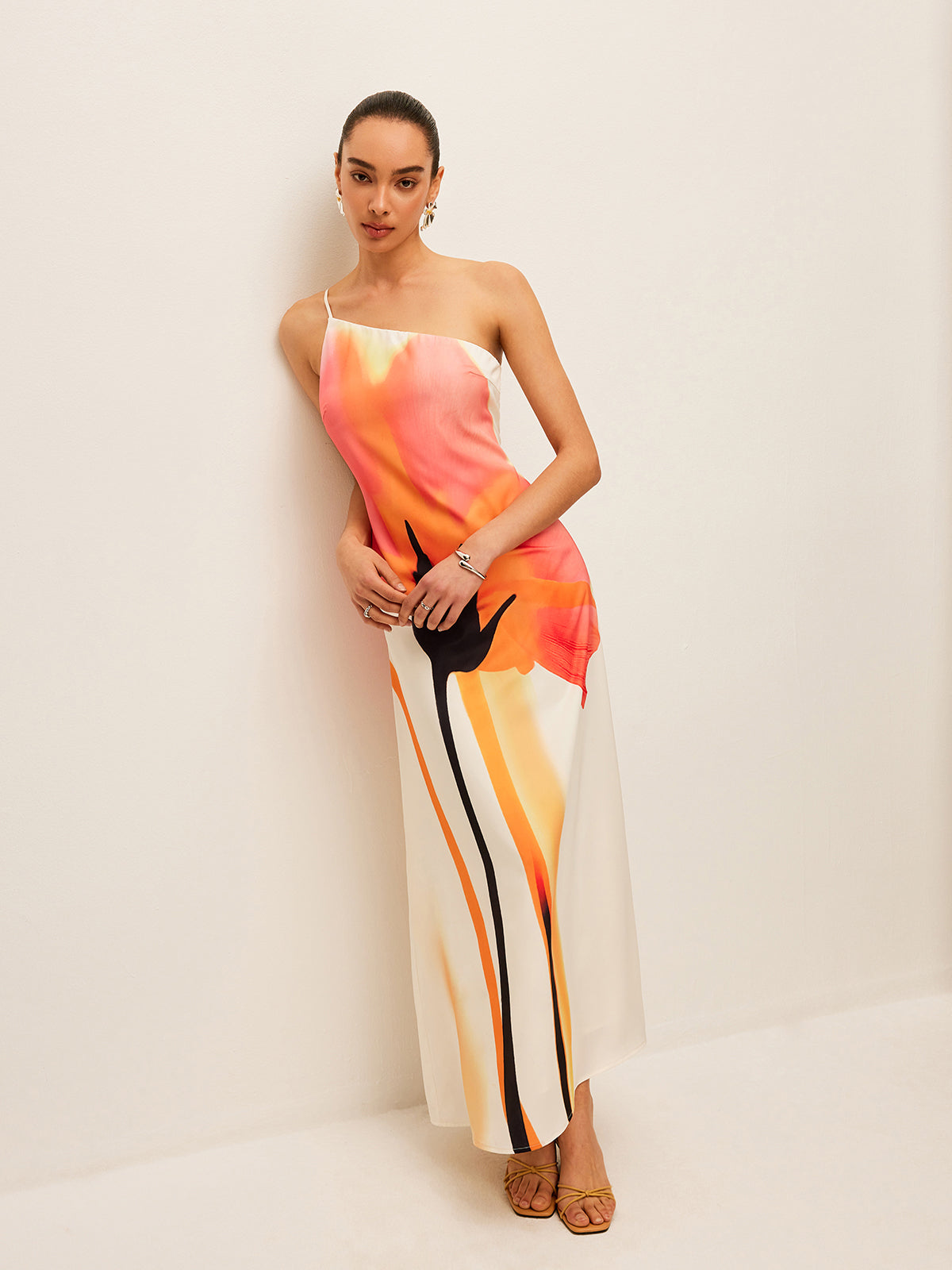 Asymmetrical Floral Print Tied Back Dress