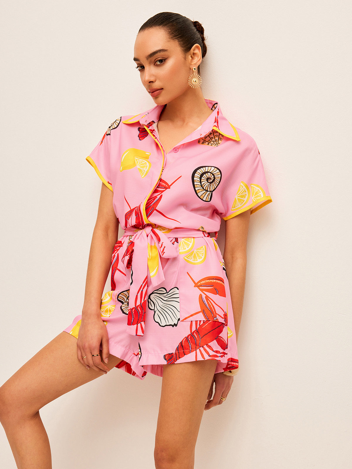 Fruit & Shell Print Tie-Waist Jumpsuit