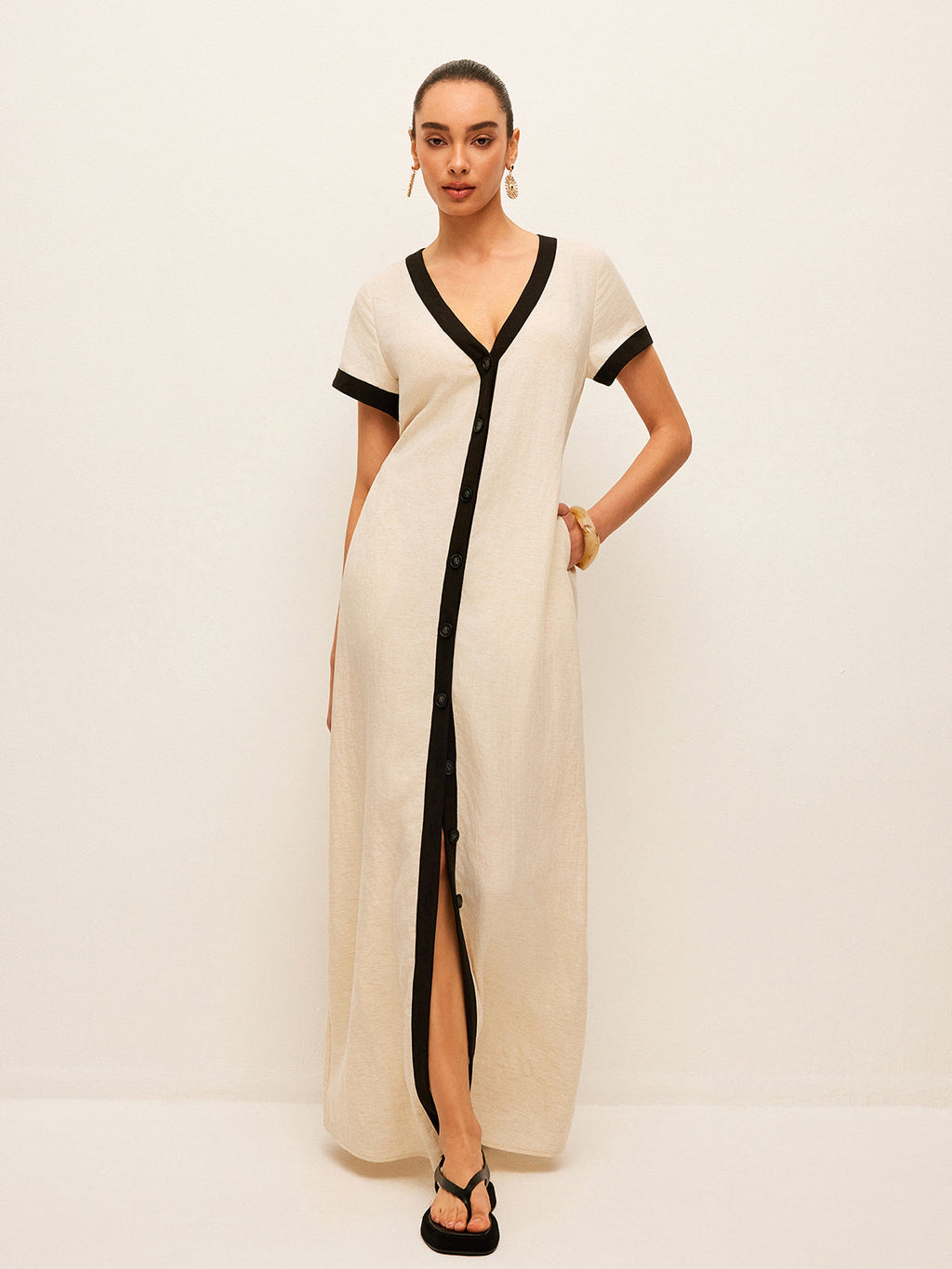 Cotton & Linen High-Slit Contrast Trim Dress