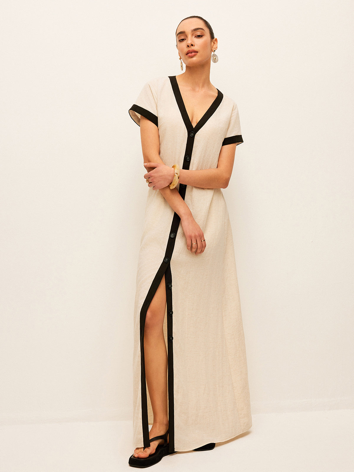 Cotton & Linen High-Slit Contrast Trim Dress