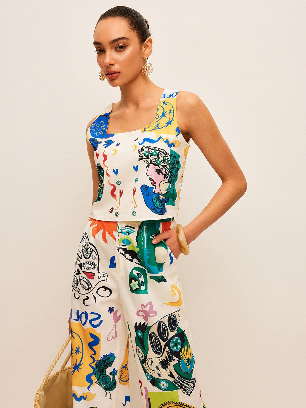 Bauchfreies Top mit Grafikdruck und Hose mit weitem Bein Set