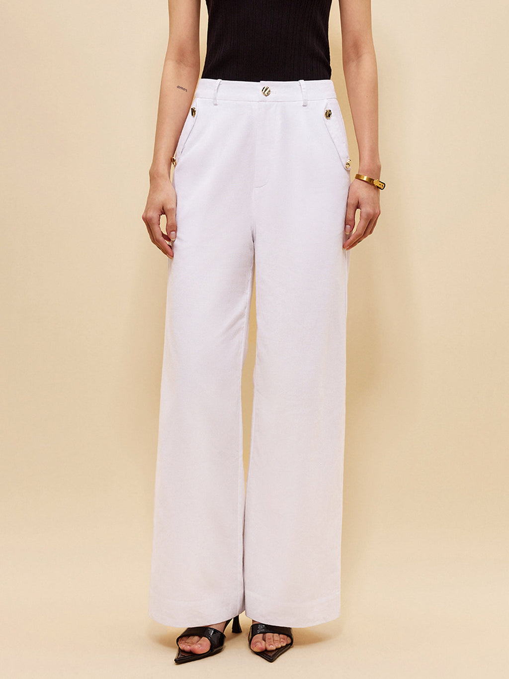 Pantalon taille mi-haute en lin et coton à poches