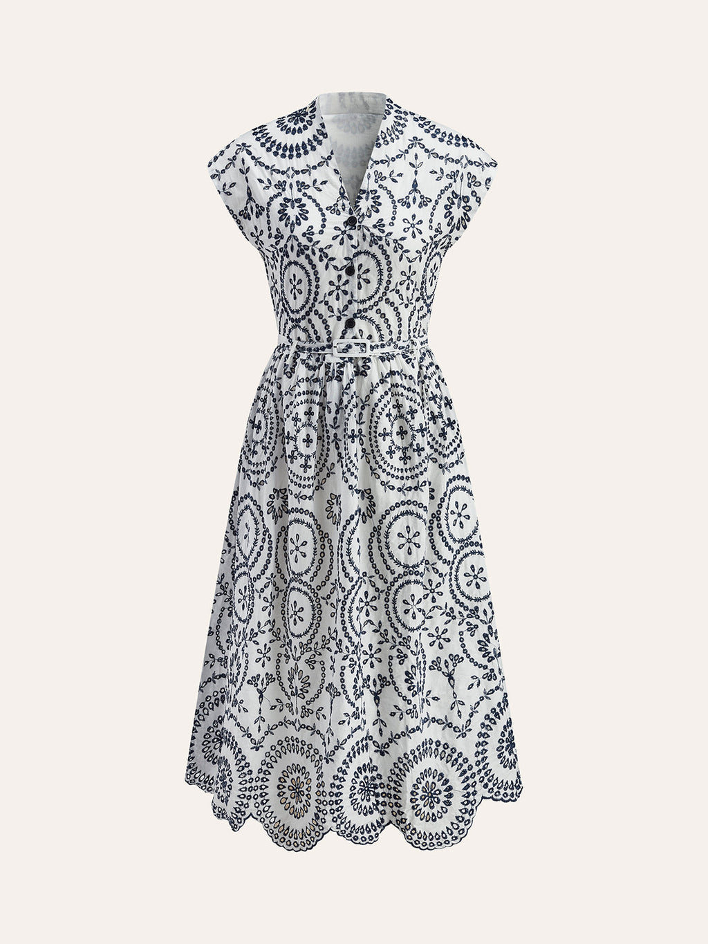 Besticktes V-Ausschnitt-Kleid mit Gürtel