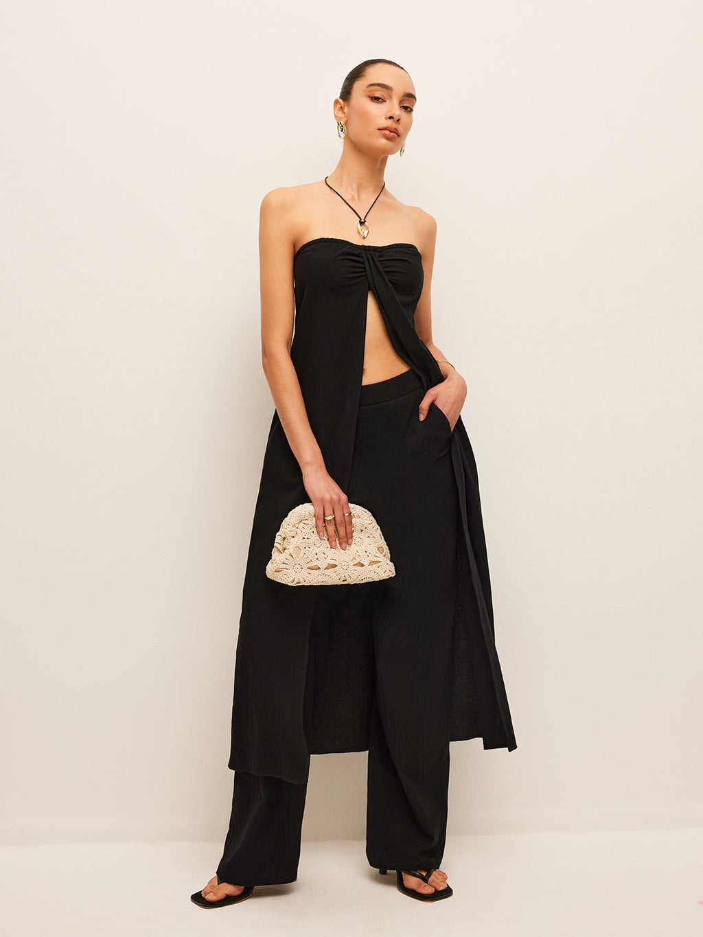 Set aus Baumwoll-Leinen-Top mit Bindedetail und Hose