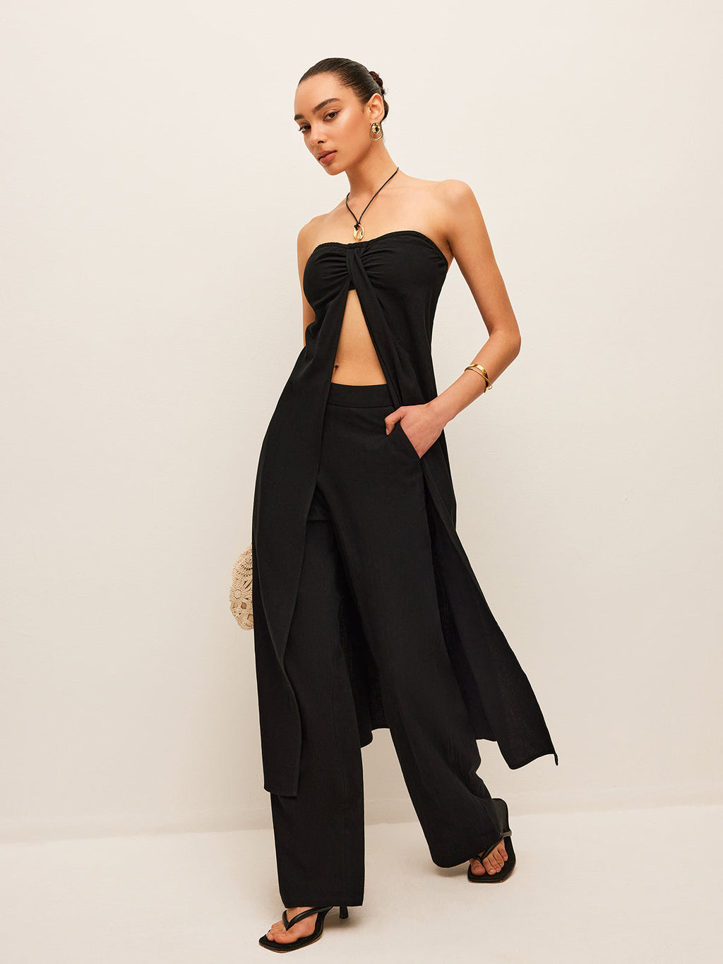 Set aus Baumwoll-Leinen-Top mit Bindedetail und Hose