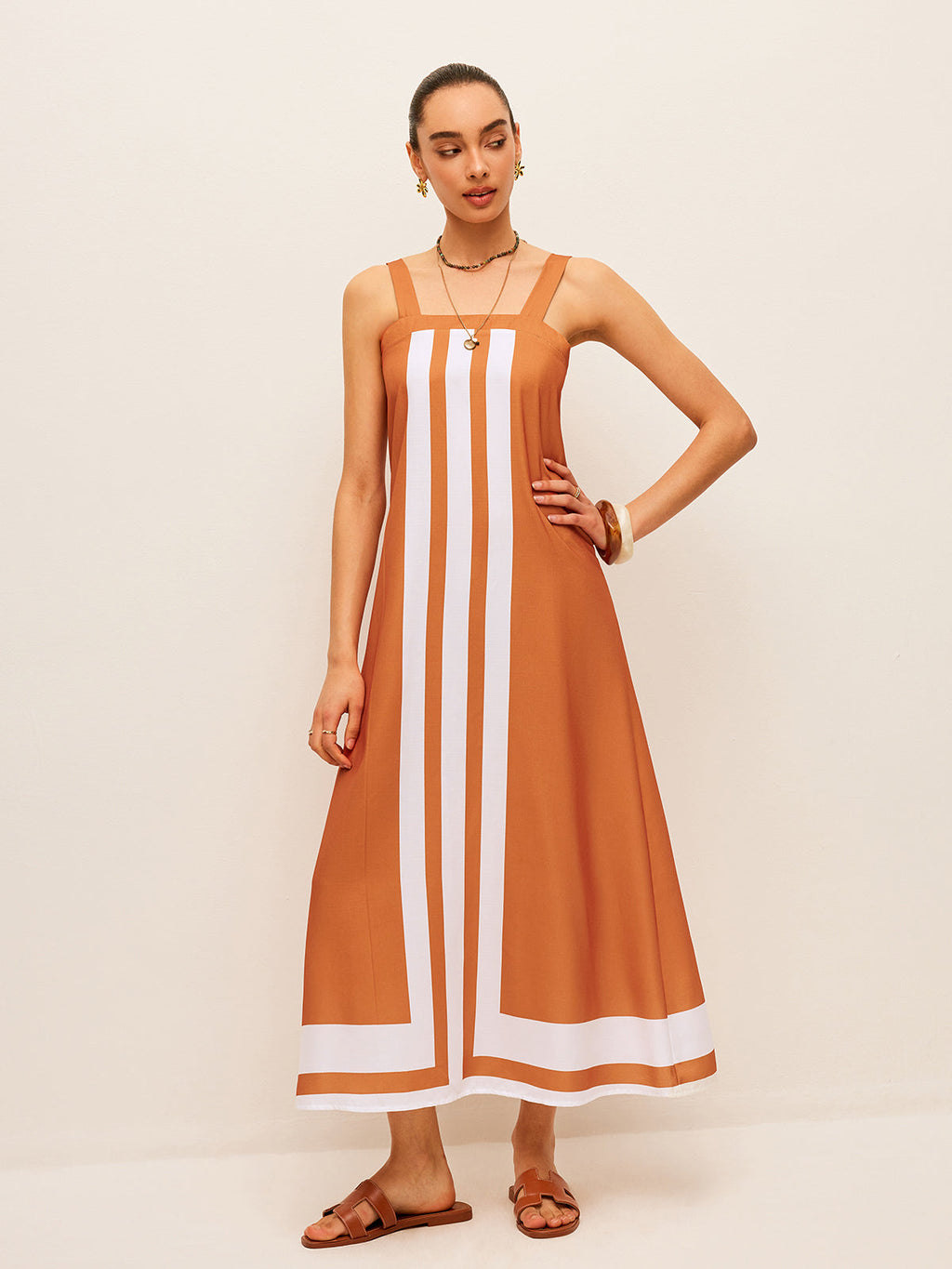 Robe à col carré et à blocs de couleur