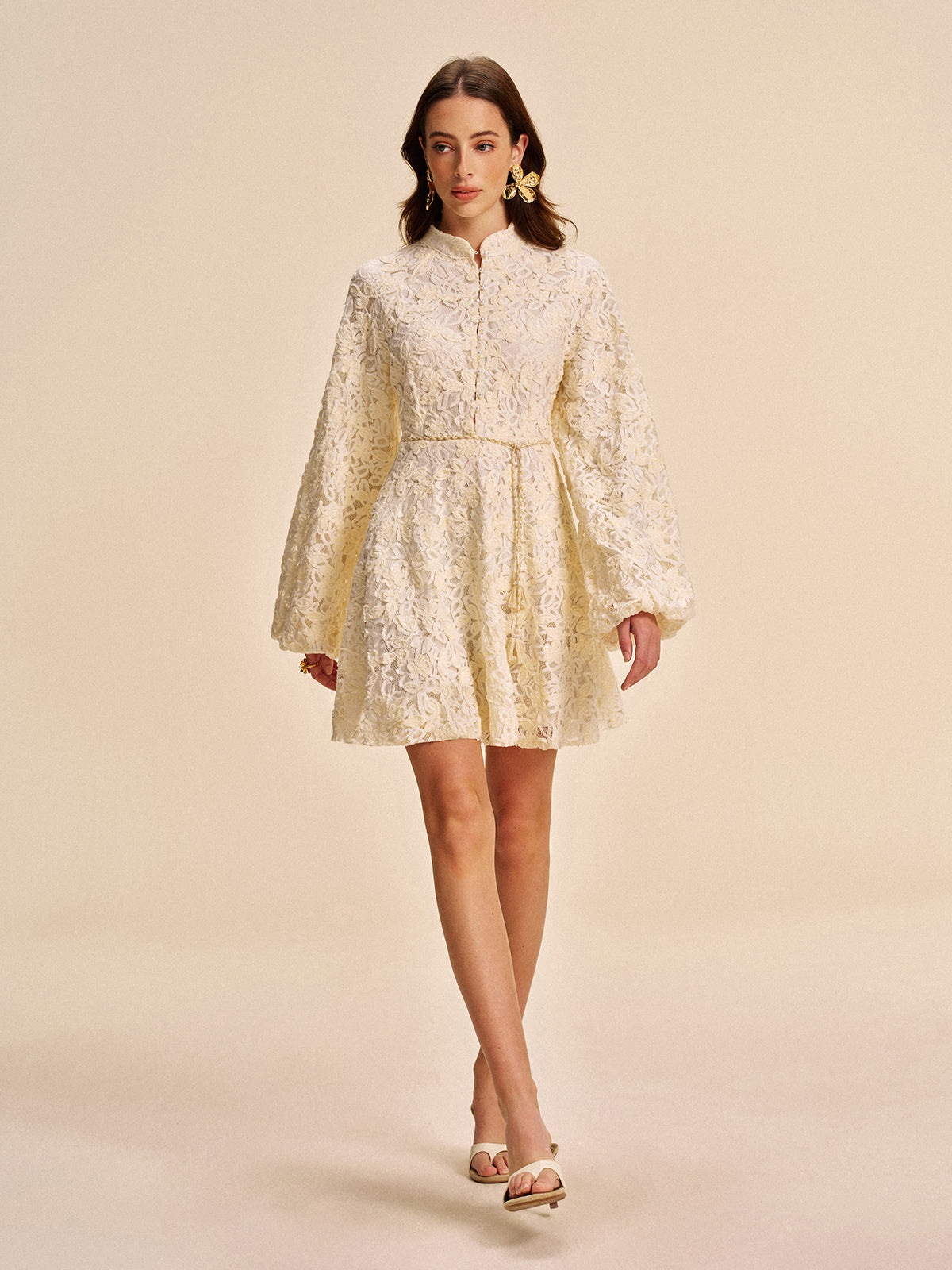 Lace Bell-Sleeve Dress With Belt