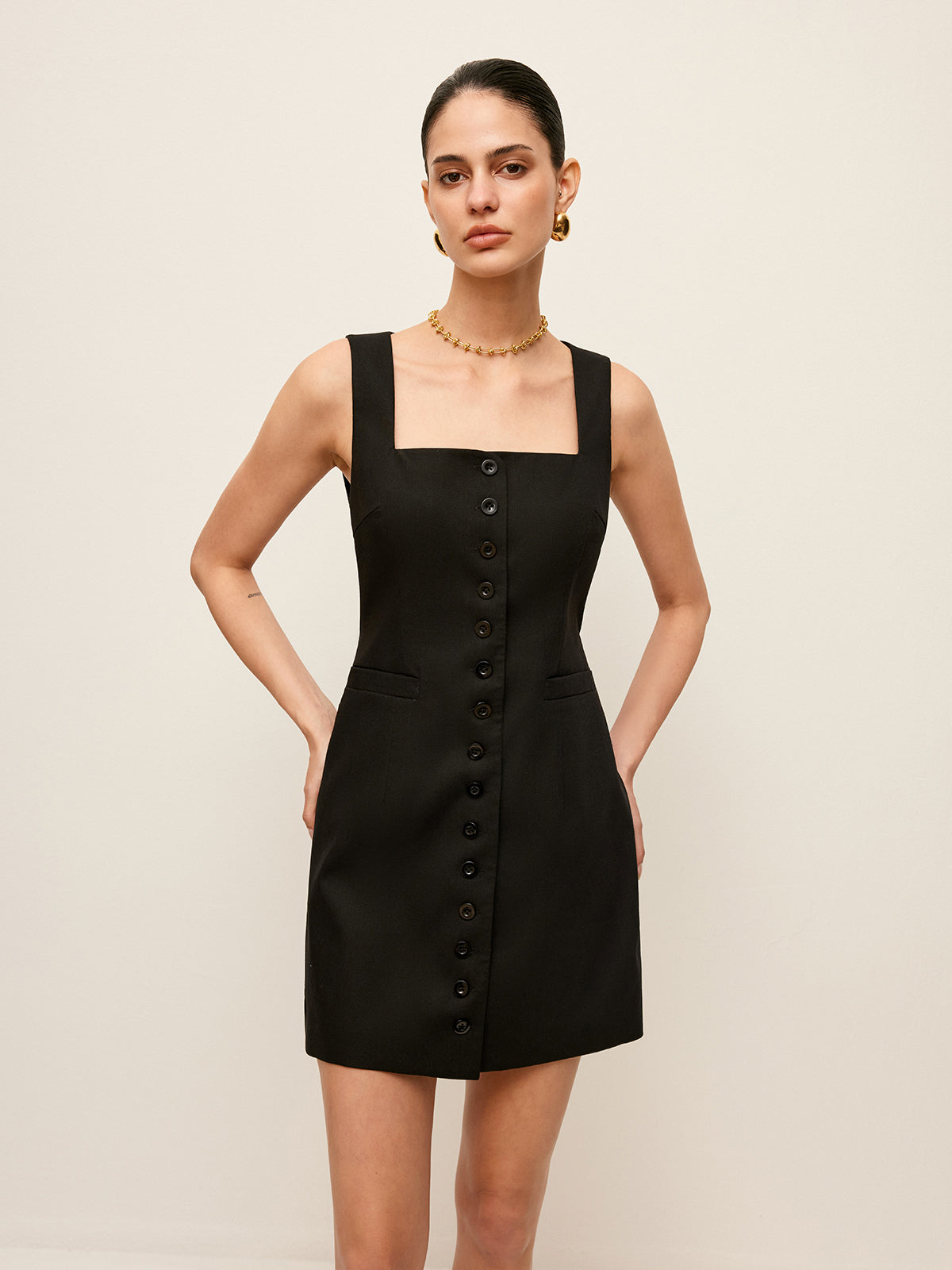 Cotton & Linen Button-Front Dress With Pockets