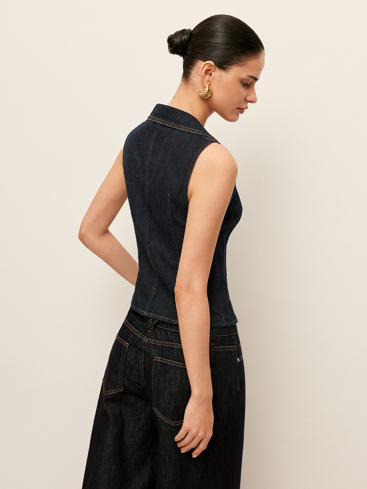 Denim Collared Vest With Floral Button Detail