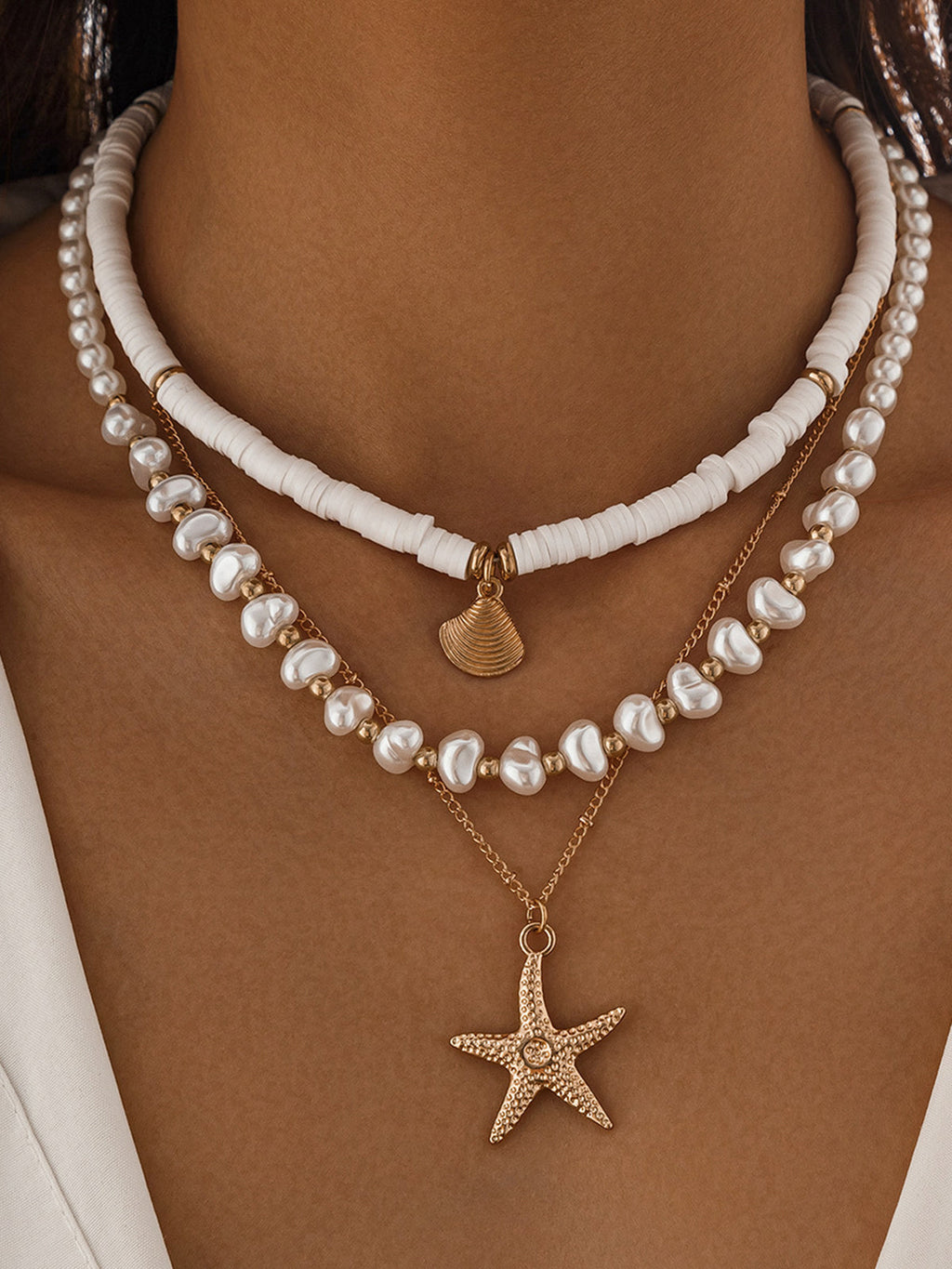 Collier superposé Perle et Coquillage avec pendentif Étoile de mer