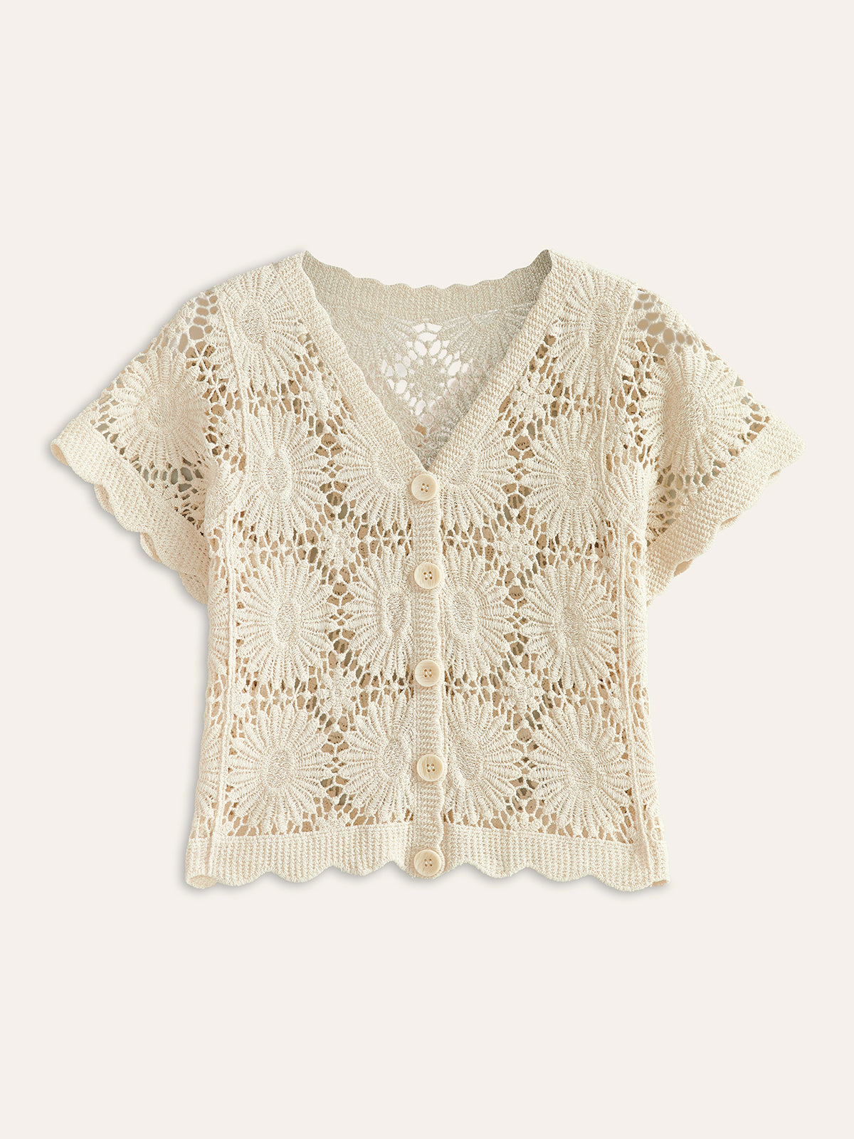 Gehäkelte Strickjacke mit Blumenmuster und Knopfleiste