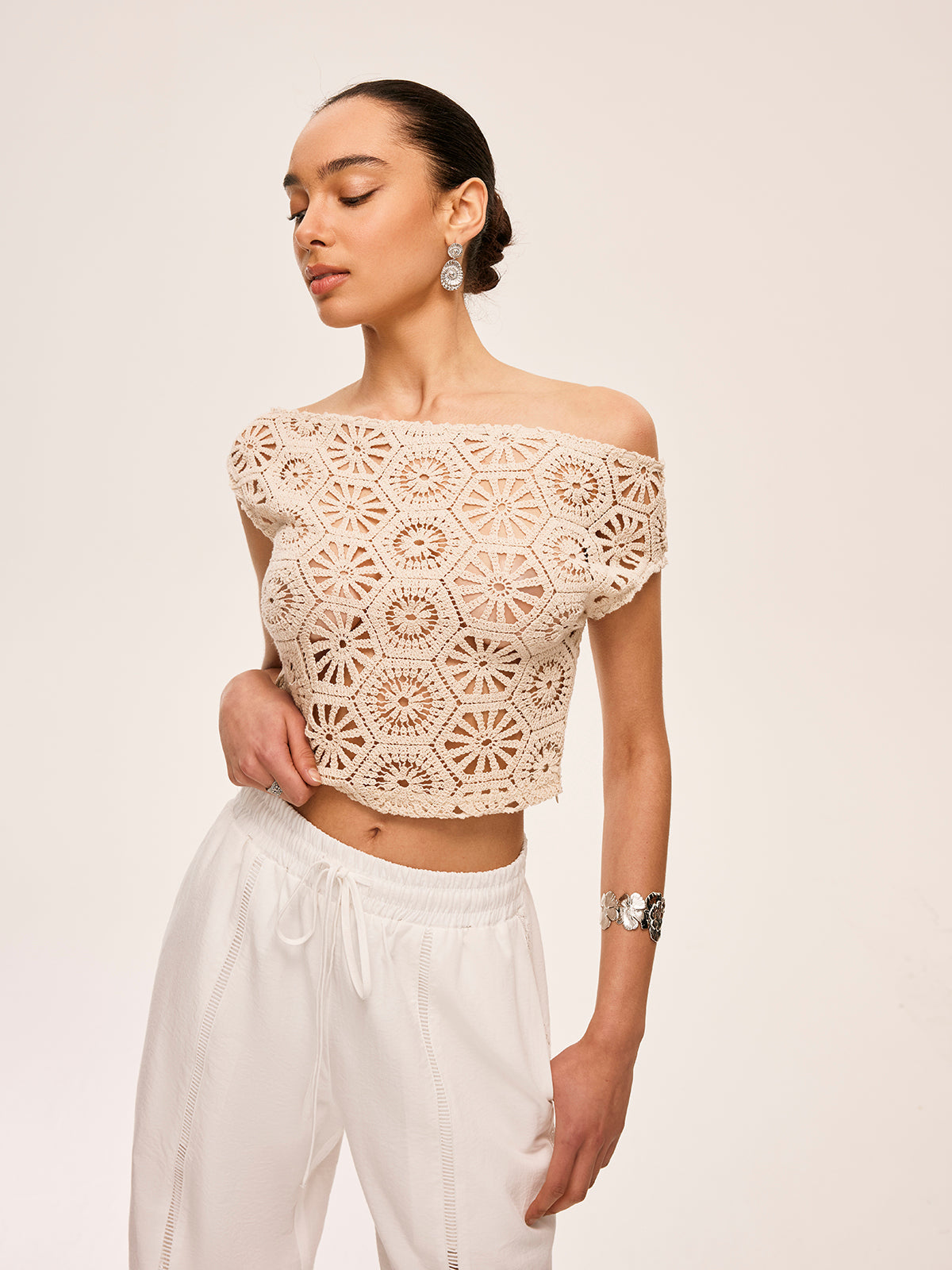 Asymmetrical Off-Shoulder Semi-Sheer Crochet Top