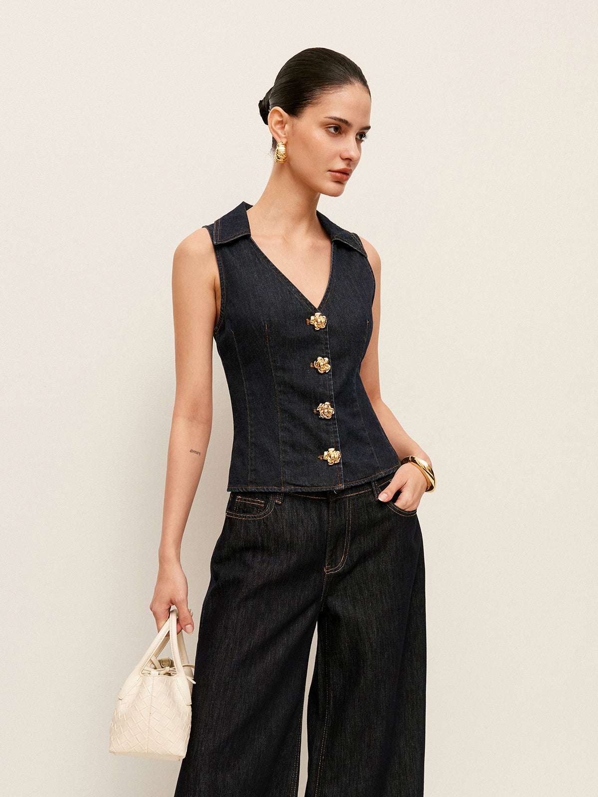 Denim Collared Vest With Floral Button Detail